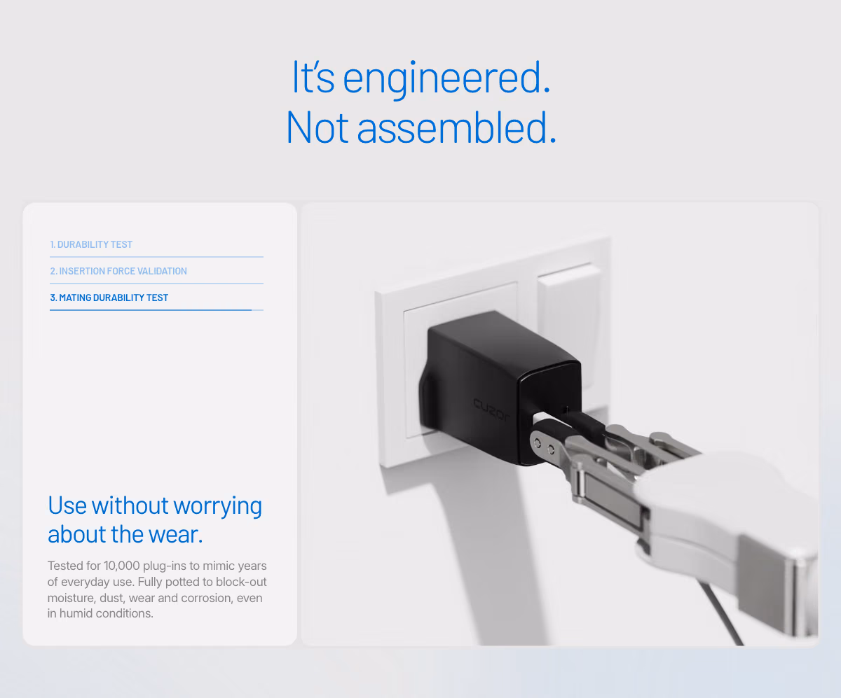 Cuzor website, a durability rig arguing the engineering claim with a test